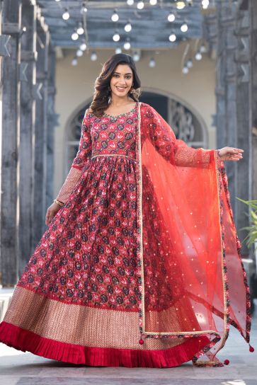 Vibrant Red Color Georgette Printed Readymade Gown With Dupatta For Function