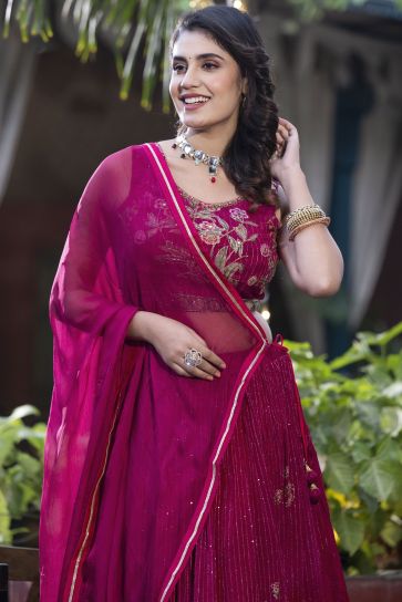 Rani Color Printed Sangeet Wear Readymade Lehenga Choli In Chinon Fabric