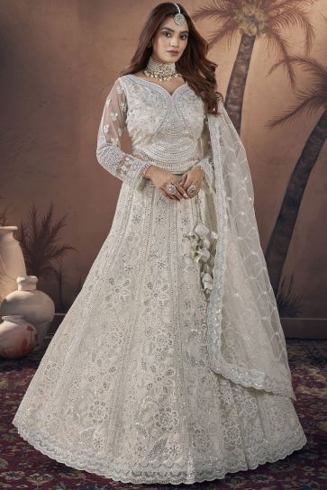 Fabulous Net Fabric Off White Color Sequins Work Readymade Bridal Lehenga