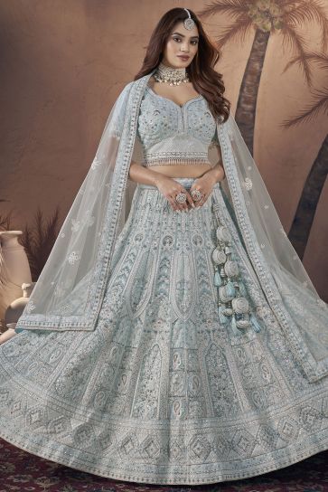 Georgette Fabric Captivating Sequins Designs Sky Blue Color Readymade Bridal Lehenga