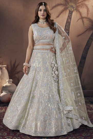 Net Fabric White Color Stylish Look Readymade Bridal Lehenga With Sequins Work