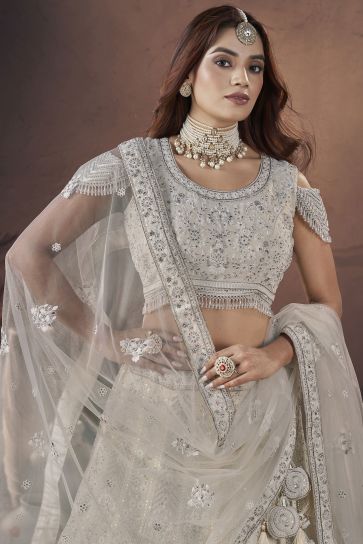 Sequins Work Georgette Fabric Off White Color Beatific Look Readymade Bridal Lehenga