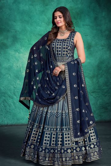 Komal Vora Georgette Navy Blue Color Mesmeric Readymade Gown With Dupatta