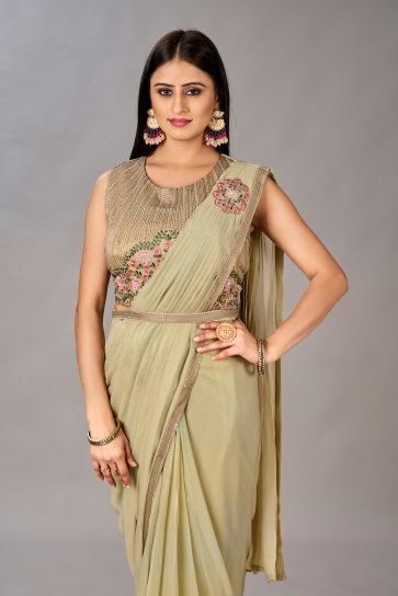 Georgette Fabric Sea Green Color Riveting One Minute Saree With Embroidered Work