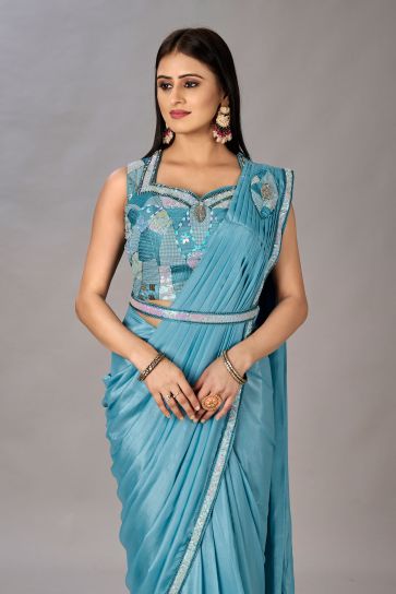 Georgette Fabric Sky Blue Color Excellent One Minute Saree With Embroidered Work
