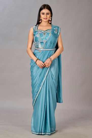 Georgette Fabric Sky Blue Color Excellent One Minute Saree With Embroidered Work