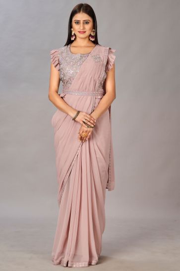 Embroidered Work On Peach Color Georgette Fabric Trendy One Minute Saree