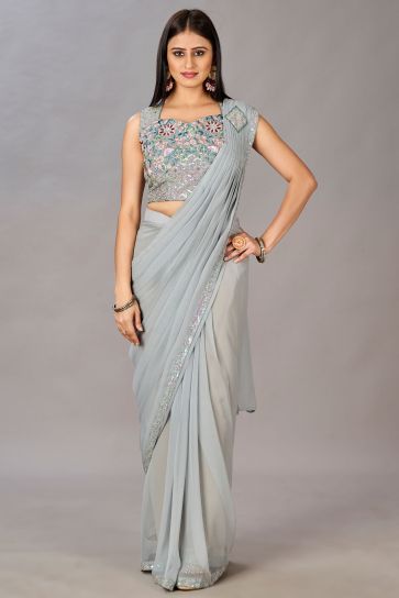Embroidered Work On Grey Color Sober One Minute Saree In Georgette Fabric