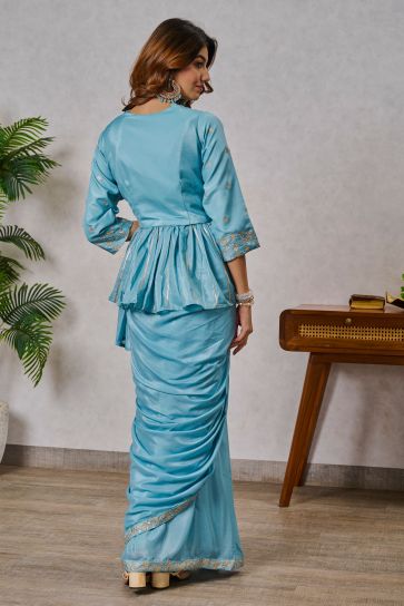 Creative Embroidered Work On Cyan Color Georgette Fabric One Minute Saree