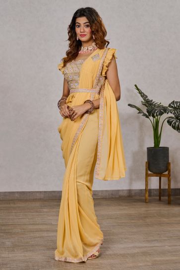 Yellow Color Embroidered Work On Georgette Fabric Stunning One Minute Saree
