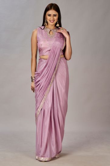 Tempting Georgette Fabric Pink Color One Minute Saree With Embroidered Work