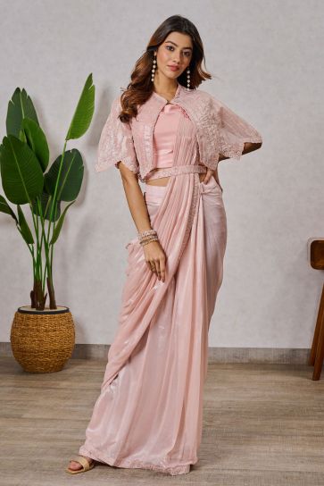Georgette Fabric Peach Color Delicate One Minute Saree With Embroidered Work