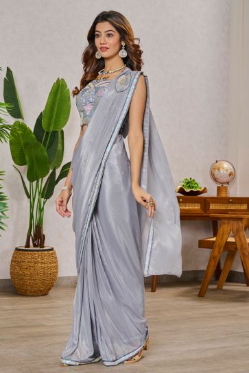 Georgette Fabric Grey Color Pleasance One Minute Saree With Embroidered Work
