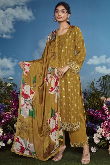 Brown Color Function Wear Embroidered Palazzo Salwar Suit In Organza Fabric