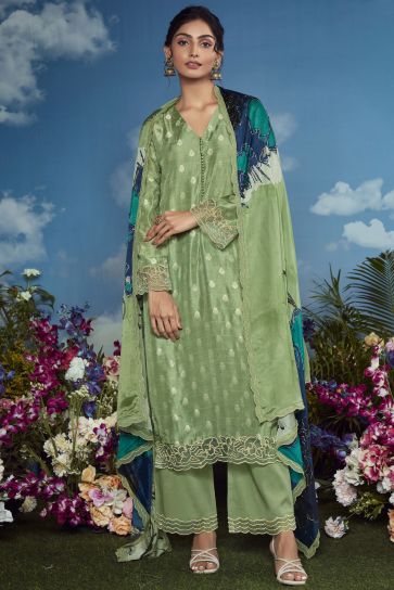 Sea Green Color Embroidered Palazzo Salwar Suit In Organza Fabric