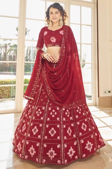 Red Color Georgette Fabric Elegant Lehenga In Sangeet Wear