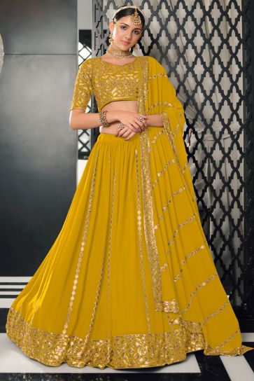 Incredible Sequins Work On Georgette Fabric Yellow Color Lehenga