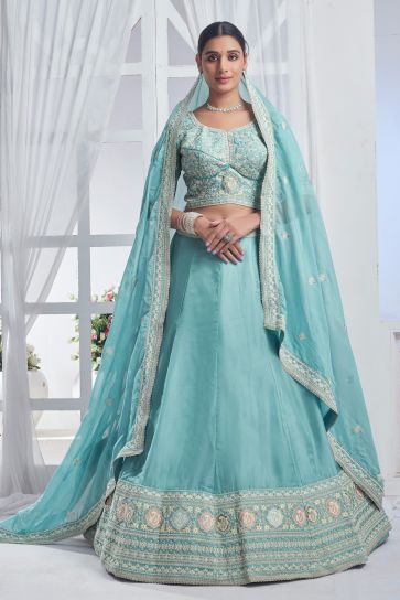 Glamorous Sky Blue Color Sequins Work Organza Fabric Lehenga 