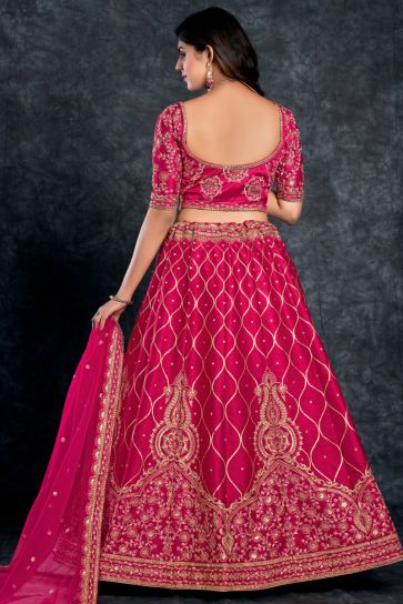 Silk Fabric Rani Color Sangeet Wear Soothing Lehenga