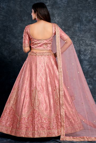 Pink Color Silk Fabric Sangeet Wear Appealing Lehenga