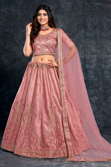 Pink Color Silk Fabric Sangeet Wear Appealing Lehenga