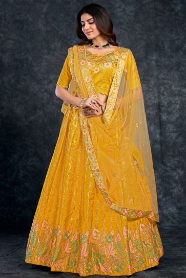 Silk Fabric Sangeet Wear Wonderful Lehenga In Yellow Color