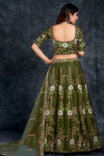 Silk Fabric Sangeet Wear Lovely Lehenga In Mehendi Green Color