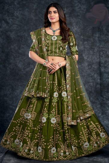 Silk Fabric Sangeet Wear Lovely Lehenga In Mehendi Green Color