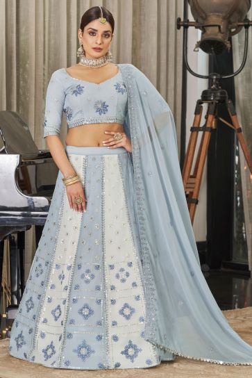 Fascinating Embroidered Work Georgette Fabric Lehenga In Light Cyan Color