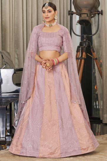 Embroidered Work Beguiling Art Silk Fabric Lehenga In Peach Color