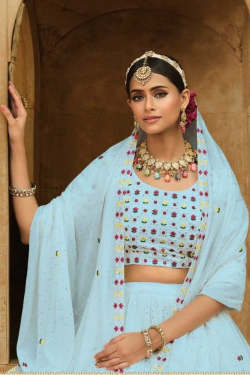 Sky Blue Color Georgette Fabric Beauteous Lehenga With Embroidered Work
