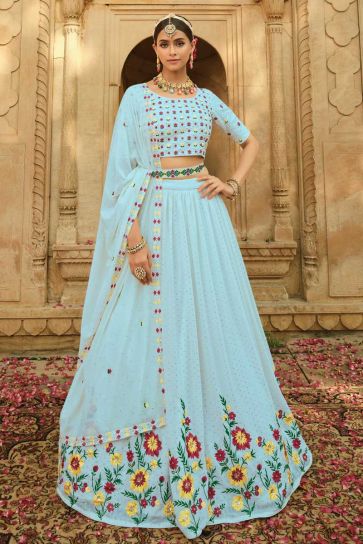 Sky Blue Color Georgette Fabric Beauteous Lehenga With Embroidered Work
