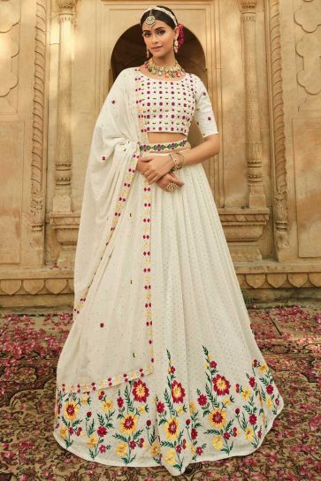 Marvelous Georgette Fabric Embroidered Lehenga In Off White Color