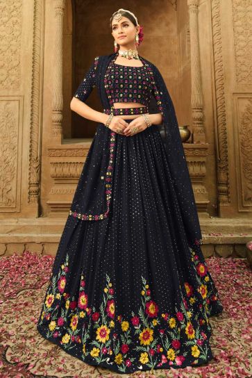 Attractive Georgette Fabric Navy Blue Color Lehenga With Embroidered Work