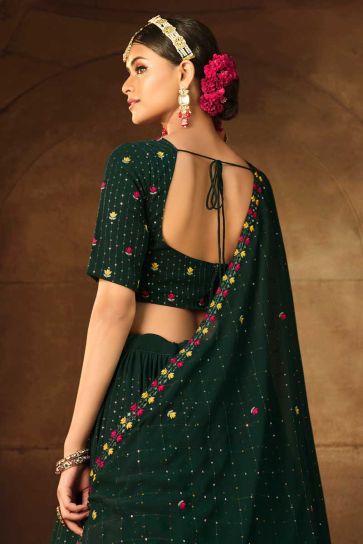 Embroidered Work On Green Color Georgette Fabric Riveting Lehenga