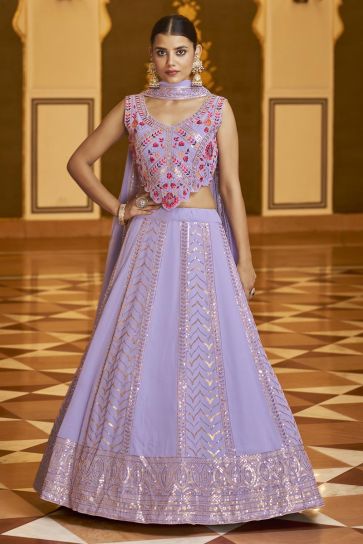 Sober Embroidered Work On Georgette Lehenga In Lavender Color