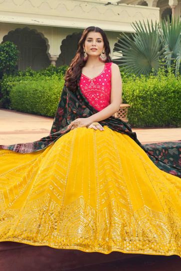 Function Wear Georgette Fabric Yellow Color Captivating Lehenga