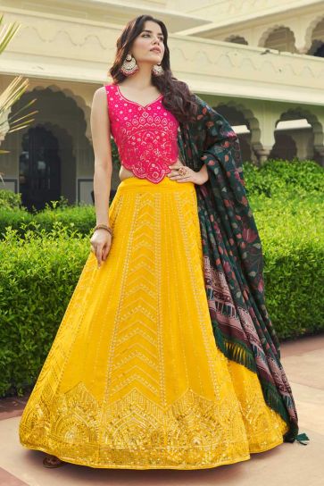 Function Wear Georgette Fabric Yellow Color Captivating Lehenga
