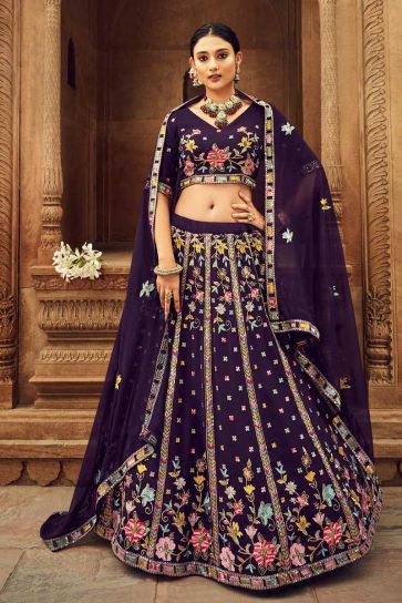 Embroidered Purple Color Adorning Lehenga In Georgette Fabric