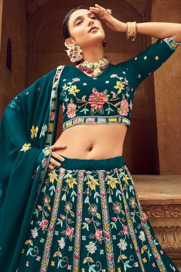 Teal Color Engrossing Embroidered Lehenga In Georgette Fabric