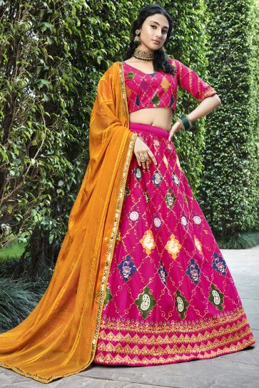 Rani Color Silk Fabric Beautiful Sequins Work Lehenga