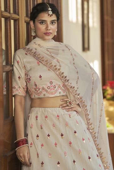 Sangeet Wear Art Silk Fabric Beige Color Engaging Lehenga