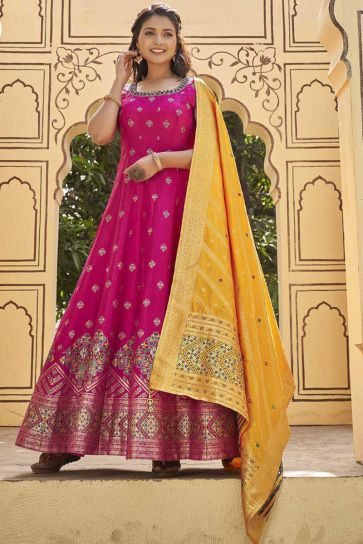 Rani Color Art Silk Fabric Festival Wear Luminous Readymade Gown With Dupatta