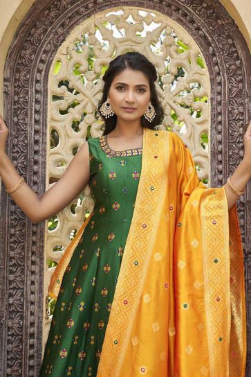 Art Silk Fabric Festival Wear Wondrous Readymade Gown With Dupatta In Green Color