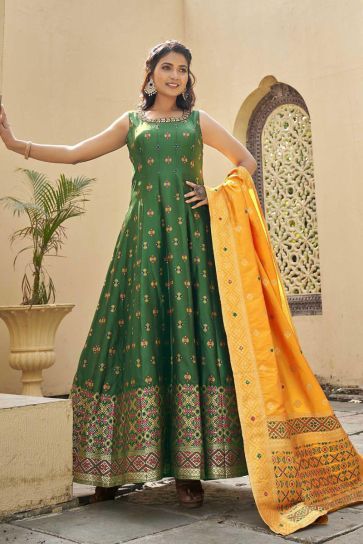 Art Silk Fabric Festival Wear Wondrous Readymade Gown With Dupatta In Green Color