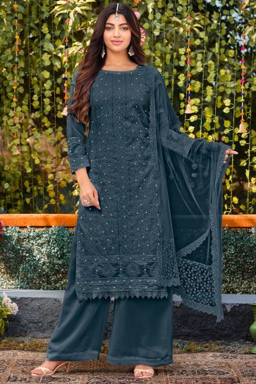 Akanksha Puri Engaging Teal Color Georgette Palazzo Suit