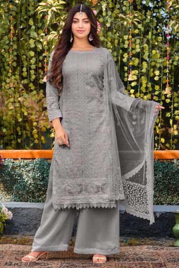 Akanksha Puri Fetching Georgette Palazzo Suit In Grey Color