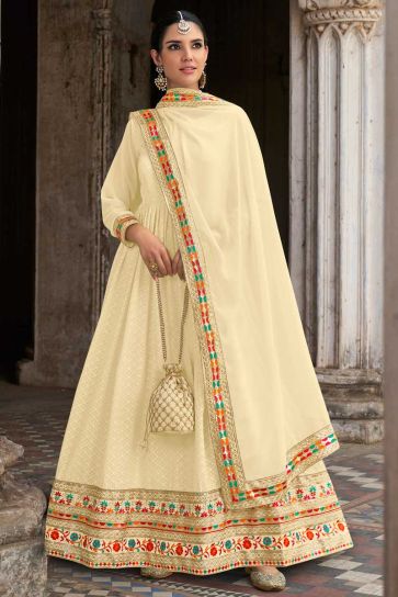 Radiant Cream Color Georgette Fabric Embroidered Anarkali Suit