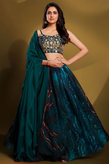Attrective Organza Fabric Teal Color Function Style Lehenga