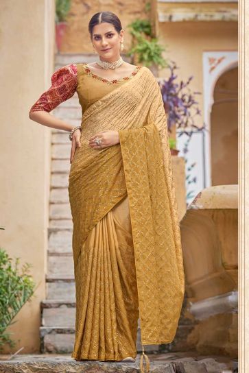 Enticing Mustard Color Chinon Fabric Sequins Work Saree